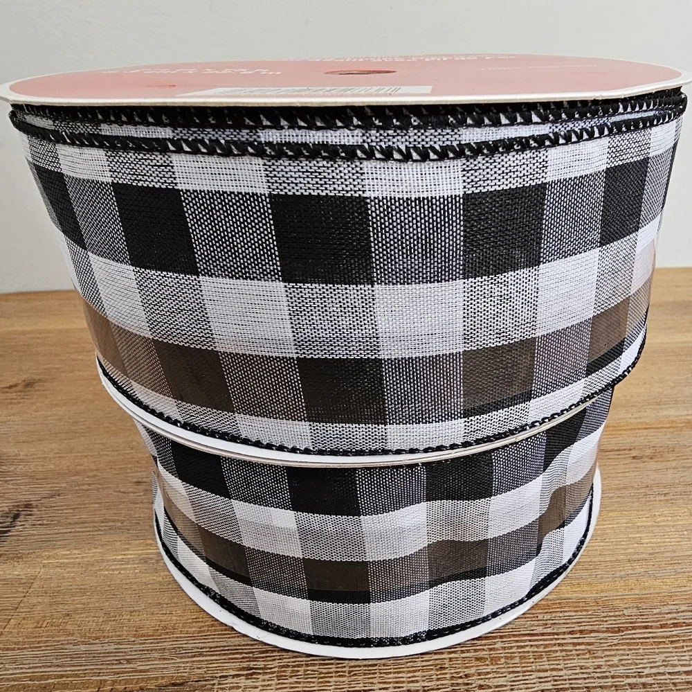2 New Rolls Black & White Plaid Wired Holiday Ribbon 2.5